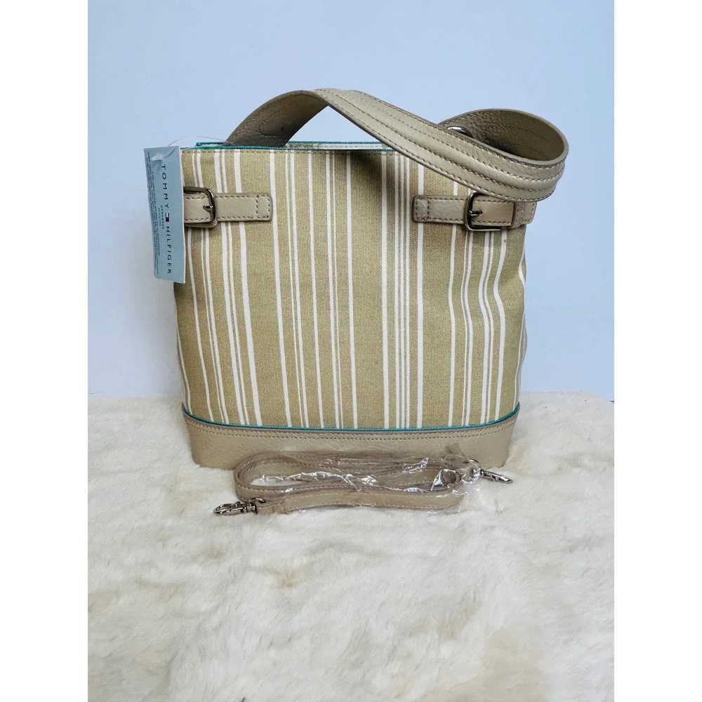 Tommy Hilfiger Khaki White Striped Bucket Bag Crossbody Tan Trim NEW